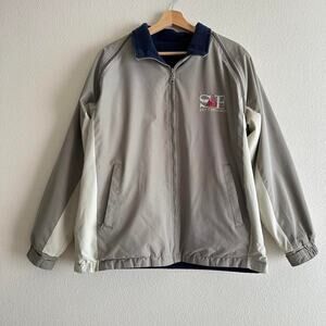 San Francisco beige navy color block embroidered reversible zip up vest jacket